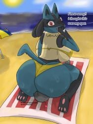 ambiguous_gender anon anthro beach big_ass big_breasts big_butt bikini black_body black_fur blue_body blue_fur cloud dripping english_text faceless_male facesitting feet female female/ambiguous generation_4_pokemon hand_on_mouth heart_symbol huge_ass huge_breasts huge_butt looking_at_another looking_back lucario majika multicolored_body nintendo parasol pokemon pokemon_(species) red_eyes sand sea sun sunny tail text towel water wet worried worried_look