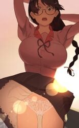 arms_up backlighting bad_id bad_twitter_id bakemonogatari black_hair braid breasts female frilled_panties frills glasses hanekawa_tsubasa highres large_breasts light_rays long_hair low-tied_long_hair monogatari_(series) naoetsu_high_school_uniform niwatori5948 open_mouth panties school_uniform skirt solo sunlight underwear white_panties wind wind_lift