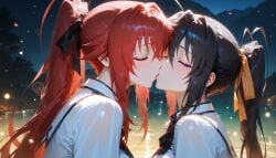 2girls ai_generated akeno_himejima females_only girlfriends high_school_dxd kissing lesbian_couple lesbian_kiss only4uart rias_gremory rias_x_akeno yuri yuri yuri