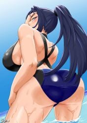 1girls 2025 ass back_view big_ass blue_eyes blue_hair breasts dark_hair female female female_only hair_intakes hand_on_head hi_res high_resolution highres hololive hololive_english hololive_english_-council- hololive_english_-promise- huge_ass in_water large_ass large_breasts medium_hair ouro_kronii ouro_kronii_(holonatsu_paradise_outfit) ponytail sideboob solo standing swimsuit tagme thick_thighs virtual_youtuber wet zeroero