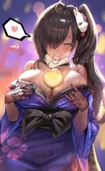 1girls absurdres bare_shoulders black_nails black_sash blurry blush bokeh breasts brown_hair canine cowboy_shot dark-skinned_female dark_skin depth_of_field ear_piercing female floral_print floral_print_kimono fox_mask fur_collar furisode gloves goddess_of_victory:_nikke hair_over_one_eye hair_over_shoulder hair_tie_in_mouth hands_on_own_breasts heart highres huge_breasts japanese_clothes jindogod kimono lace lace_gloves lantern long_hair looking_at_viewer mask mask_on_head mole mole_under_mouth mouth_hold naga_(last_girlhood)_(nikke) naga_(nikke) night obi off_shoulder official_alternate_costume outdoors piercing print_kimono purple_kimono sash side_ponytail solo speech_bubble spoken_heart straight-on sweat sweatdrop yellow_eyes