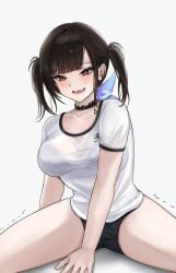 1girls between_legs black_bra black_buruma black_hair blush bra bra_visible_through_clothes breasts brown_eyes buruma collarbone commentary_request female goddess_of_victory:_nikke grey_background gym_shirt gym_uniform hand_between_legs highres medium_breasts open_mouth see-through_clothes see-through_shirt shirt simple_background sitting solo sora_(nikke) sunameri_(pixiv3564245) sweat trembling twintails underwear