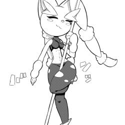 1:1 akatosh_el_shota_furro blush closed_eyes clothing crop_top dancing female fur generation_6_pokemon happy hi_res humanoid lagomorph leporid lopunny mammal mega_evolution mega_lopunny monochrome nintendo onomatopoeia pokemon pokemon_(species) pole pole_dancing rabbit_ears scut_tail shirt short_tail solo sound_effects tail text thick_thighs topwear torn_clothing