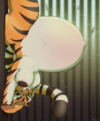 2023 anthro areola ass belly big_belly big_breasts black_stripes bodily_fluids breasts dreamworks felid female fur hanging_breasts hanging_upside_down hi_res huge_belly kung_fu_panda looking_at_viewer mammal master_tigress multicolored_body multicolored_fur navel nipples nude orange_body orange_fur outie_navel pantherine pregnant pregnant_anthro pregnant_female signature solo striped_body striped_fur stripes sweat tail tauttum tiger two_tone_body two_tone_fur upside-down upside-down white_body white_fur