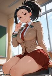 ai_generated black_eyes black_hair boku_no_hero_academia breasts chair classroom closed_mouth collared_shirt curtains desk female hair_pulled_back hand_up high_resolution highres indoors jacket large_breasts long_hair long_sleeves looking_at_viewer my_hero_academia necktie nimybotai on_desk pleated_skirt ponytail red_necktie red_skirt school_desk school_uniform shirt sitting skirt smile solo stable_diffusion thick_thighs thighs twitter_username u.a._school_uniform white_shirt window yaoyorozu_momo