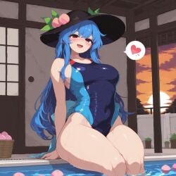 1girls ai_generated bangs blue_hair blue_one-piece_swimsuit blush covered_navel female hat indoors large_breasts long_hair looking_at_viewer one_piece_swimsuit peach_(fruit) pool red_eyes sitting smile solo solo_female sunset swimsuit takorin_style tenshi_hinanawi thick_thighs thighs touhou water