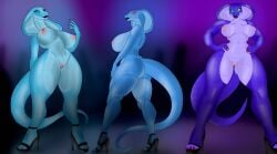 absurd_res anthro areola big_breasts black_lips breasts clothing colored colored_claws detailed_background digital_drawing_(artwork) digital_media_(artwork) eyelashes female footwear genosladart glowing glowing_eyes group hi_res high_heels lips nipples nude reptile scales scalie shaded shoes snake tail thick_thighs trio
