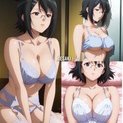 1girls ahoge ai_generated artist_name ass babydoll bangs bare_legs bare_shoulders bed big_ass big_breasts black_eyes black_hair blush breast_focus breasts busty chemise commentary crop_top eyewear female female_focus female_only garter_belt garter_straps glasses gown hair_ornament hairclip heisaki kneeling lingerie lingerie_bra lipstick looking_at_viewer looking_away looking_to_the_side lying lying_on_back lying_on_bed megane midriff multiple_images multiple_poses multiple_views navel on_bed pajamas parted_lips pink_lips short_hair shy sleepwear solo text underboob underwear upper_body voluptuous watermark yorihime_nao yosuga_no_sora