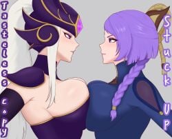 big_breasts body_contact breast_squeeze breast_squish breasts enemies english english_text face_to_face female league_of_legends league_of_legends:_wild_rift purple_eyes purple_hair riot_games scarabeo scarabeo_k serious standing syndra white_hair yunara yunara_(league_of_legends)