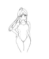 1girls arm_under_breasts artist_request big_breasts breasts busty character_request female female_only hand_on_hip highres legs long_hair looking_at_viewer looking_to_the_side monochrome one-piece_swimsuit ponytail pose posing smile solo source_request swimsuit thighs voluptuous