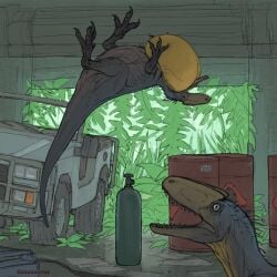 abandoned_building absurd_res ambiguous_gender animal_genitalia barrel black_body black_skin blue_body blue_skin bone_frill car cloaca detailed_background dewlap_(anatomy) digital_media_(artwork) dinosaur duo earhole feral flammable_sign flat_tire floating forest frill_(anatomy) fuel garage_door gas_tank gasosaurus genitals grey_body grey_skin helium_tank hi_res humor inflation inside looking_at_another nude open_mouth plant prehistoric_species protofeathers pubic_boot reptile scalie shocked stomach_bulge tail tongue tongue_out toolbox tree vehicle vines what zw3