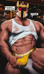 2boys absurdres bara beernox bulge ggan_ggandi highres jockstrap knight male male_only male_underwear multiple_boys muscular muscular_male precum precum_drip precum_through_clothes solo_focus tank_top underwear white_tank_top xxl_woofia yaoi