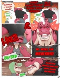 2025 absurd_res angry anthro belt big_muscles black_clothing black_footwear black_sclera black_shirt black_shoes black_topwear blue_bottomwear blue_clothing blue_eyes blue_jeans blue_pants bottomwear brown_belt buggy_(mels_monster) buzz_(mels_monster) closed_eyes clothing comic conjoined_speech_bubble countershade_torso countershading cross-popping_vein denim denim_bottomwear denim_clothing dialogue dinosaur dromaeosaurid duo english_text eyewear footwear furgonomic_pants glasses green_text grey_clothing grey_shirt grey_topwear hand_on_shoulder hands_on_another's_shoulders head_spikes hi_res inside jeans larger_anthro larger_male lizard long_sleeves male mels_monster_(artist) multicolored_body multicolored_scales muscular muscular_anthro muscular_male pants pointy_speech_bubble prehistoric_species red_body red_scales red_text reptile round_glasses scales scalie shirt shoes size_difference skinny_anthro skinny_male smaller_anthro smaller_male speech_bubble spikes spikes_(anatomy) striped_body striped_scales stripes tan_body tan_scales text theropod topwear two_tone_body two_tone_scales tyrannosaurid tyrannosauroid tyrannosaurus tyrannosaurus_rex white_clothing white_footwear white_shoes