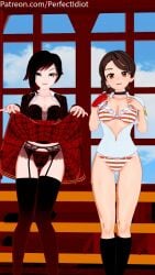 beacon_academy_uniform black_hair bra brown_eyes brown_hair crossover eastern_and_western_character female garter_belt juliana_(pokemon) koikatsu naranja_academy_school_uniform open_shirt panties perfect_idiot pokemon pokemon_sv ruby_rose rwby school_uniform silver_eyes skirt_lift smiling smiling_at_viewer socks take_your_pick thighhighs window