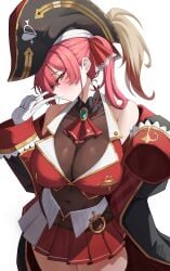 1girls absurdres arrow_through_heart ascot bare_shoulders bicorne black_jacket black_leotard blush breasts cleavage commentary covered_navel cowboy_shot dori_(choejeongmin7) female gloves hair_ornament hat highres hololive houshou_marine houshou_marine_(1st_costume) jacket large_breasts leotard leotard_under_clothes long_sleeves looking_at_viewer off_shoulder open_clothes open_jacket pirate_hat red_ascot red_hair red_skirt red_vest see-through_cleavage see-through_clothes see-through_leotard simple_background skirt solo thighs twintails two-tone_skirt v vest virtual_youtuber white_background white_gloves white_skirt