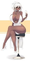 1girls big_breasts blushing blushing_at_viewer cleavage dark-skinned_female dark_skin evening_gown glasses heels high_heels huge_breasts legs_crossed looking_at_viewer megane orange_eyes original original_character ponytail sitting sitting_on_stool solo solo_female sub-res thick thick_thighs thighs white_hair wine wine_glass