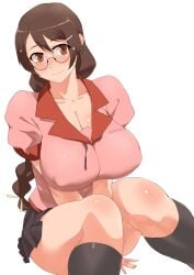 black_hair braid breasts cleavage covered_erect_nipples female female_focus glasses hanekawa_tsubasa highres large_breasts light_smile long_hair minakami minakami_(flyingman555) monogatari_(series) simple_background solo thighs white_background