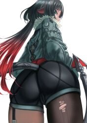 1girls absurdres ass ass_focus black_pantyhose black_shorts blunt_bangs female from_behind green_eyes green_hair highres jane_doe_(zenless_zone_zero) kein_hasegawa long_hair looking_at_viewer looking_back mouse_girl multicolored_hair pantyhose red_hair shorts sidelocks simple_background solo tail thighs two-tone_hair white_background zenless_zone_zero