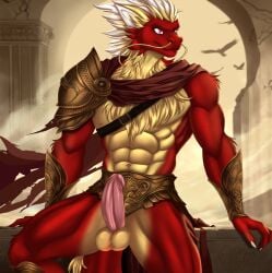 abs anthro armor armwear asian_mythology balls blonde_hair body_hair claws clothed clothing digital_drawing_(artwork) digital_media_(artwork) digitigrade dragon east_asian_mythology eastern_dragon erection fingers fluffy fluffy_ears fluffy_hair fluffy_tail fur genitals hair hi_res horn humanoid_genitalia humanoid_penis male mammal moonymoth multicolored_body multicolored_fur multicolored_hair muscular muscular_anthro muscular_male mythological_creature mythological_scalie mythology nude outside penis purple_eyes red_body red_fur red_hair scalie smile solo tail tuft vitamin_c_(forwardpickup) whiskers yellow_body yellow_fur