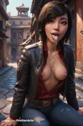 1girls ai_generated alley belt black_hair breasts building cum cum_in_mouth cum_on_body cum_on_breasts cum_on_tongue denim facial hi_res insomniac_games jacket jeans leather leather_jacket lips looking_at_viewer marvel marvel_comics medium_breasts mole mole_under_eye nipples no_bra open_clothes open_mouth outdoors pants progenarts realistic red_shirt shirt short_hair sitting solo spider-man_(ps4) spider-man_(series) swept_bangs tongue tongue_out torn_clothes torn_pants web_address yuriko_watanabe yuriko_watanabe_(insomniac)