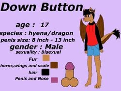 balls canine clothing down_button dragon fur hyena jacket jaycob_(artist) male mammal model_sheet original original_character penis reference_sheet reptile scalie shorts solo wings