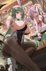 2girls 8-ball ahoge alice_(nikke) animal_ears ass billiard_table blush bow breasts carrot coin collar covered_navel dice goddess_of_victory:_nikke gold_coin green_hair green_nails highres huge_ass huge_breasts impossible_clothes leotard long_hair micro_bra multiple_girls nail_polish pink_eyes pink_hair pink_nails playboy_bunny rabbit_ears shoes silvertsuki skindentation smile sneakers soda_(nikke) table tongue tongue_out twintails wrist_cuffs