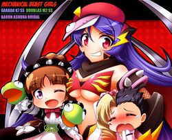 3girls baron_ashura blade breasts chibi clothing doublas_m2 female garada_k7 gloves hat legs long_hair looking_at_viewer mazinger mazinger_z multiple_girls purple_hair red_eyes robot_girls_z scarf smile sweat tears