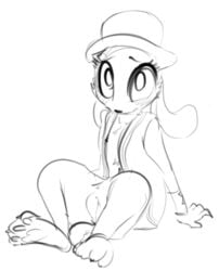 anthro black_and_white blush clothing disney dotkwa female flat_chest hat jacket judy_hopps lagomorph looking_at_viewer mammal monochrome rabbit rough_sketch simple_background sitting sketch solo spreading zootopia