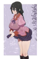bakemonogatari black_hair breasts clothes_pull female glasses hakuto7u half-closed_eyes hanekawa_tsubasa highres large_breasts long_sleeves monogatari_(series) parted_lips pleated_skirt puddle puffy_long_sleeves puffy_sleeves rain remomon school_uniform see-through_clothes simple_background skirt skirt_pull wet wet_clothes white_background wringing_clothes wringing_skirt