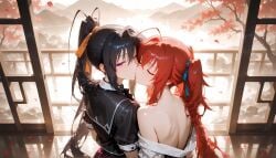 2girls ai_generated akeno_himejima closed_eyes females_only girlfriends high_school_dxd kissing lesbian_couple lesbian_kiss only4uart rias_gremory rias_x_akeno yuri yuri yuri