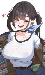 1girls absurdres bag belt black_choker black_hair blue_ribbon blunt_bangs blush bra_visible_through_clothes breasts choker collarbone commentary cowboy_shot dori_(choejeongmin7) earrings female goddess_of_victory:_nikke heart highres jacket jewelry large_breasts long_hair looking_at_viewer mole mole_under_eye motion_lines open_clothes open_mouth pants red_eyes ribbon shirt sidelocks simple_background smile solo sora_(nikke) teeth tongue twintails white_background white_shirt