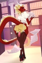 anthro asian_mythology backsack balls blonde_hair body_hair claws clothed clothing digital_drawing_(artwork) digital_media_(artwork) digitigrade dragon east_asian_mythology eastern_dragon erection femboy fingers fluffy fluffy_ears fluffy_hair fluffy_tail footwear fur genitals hair hi_res high_heels holding_object horn humanoid_genitalia humanoid_penis legwear male mammal multicolored_body multicolored_fur multicolored_hair mythological_creature mythological_scalie mythology penis penis_between_thighs red_body red_fur red_hair sassyspicy scalie school school_uniform shirt shoes solo tail tail_tuft thigh_highs topwear tuft uniform vitamin_c_(forwardpickup) whiskers yellow_body yellow_fur