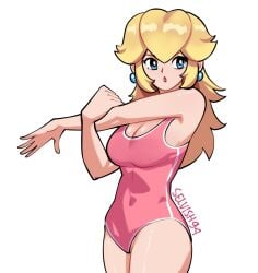 1girls artist_name blonde_hair blue_eyes busty cleavage curvy gymnast_leotard leotard light-skinned_female light_skin mario_(series) nintendo princess_peach selvish94 stretching tight_clothing white_background