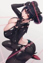 absurdres ass back_cutout black_bodysuit bodysuit breasts butt_crack catsuit cleavage clothing_cutout curvy female gloves goddess_of_victory:_nikke hair_bun high_heels highres huge_ass huge_breasts naughty_face quency_(escape_queen)_(nikke) quency_(nikke) ryuu. shiny_clothes shiny_skin solo tongue tongue_out wide_hips