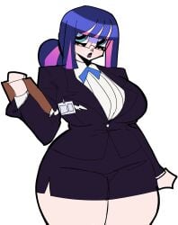 1girls artiah669 blue_eyes busty chubby clipboard curvy glasses light-skinned_female light_skin office_lady panty_&_stocking_with_garterbelt pencil_skirt purple_hair short_skirt stocking_anarchy thick thick_thighs white_background wide_hips