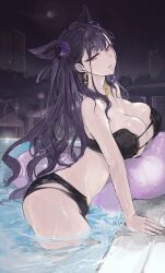 absurdres bare_shoulders bikini black_bikini blush breasts brown_hair cleavage cone_hair_bun earrings ebichannoshippo eyepatch_bikini fate/grand_order fate_(series) female female_only hair_bun hair_ornament highres jewelry large_breasts long_hair looking_at_viewer murasaki_shikibu_(fate) murasaki_shikibu_(purple_eye)_(fate) necklace night night_sky parted_lips pool poolside purple_eyes sky solo swimsuit thighs two_side_up water wet