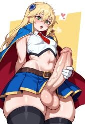 1futa 2d ai_generated arc_system_works balls big_balls big_penis blazblue blonde_hair cape civitai clothed clothed_futa crop_top exposed_penis foreskin futanari gloves green_eyes hair_accessory heart heart hips long_hair looking_down looking_down_at_penis low-angle_view masturbation navel necktie no_panties noel_vermillion open_mouth penis pleated_skirt saliva_string self_upload simple_background skirt sleeveless_shirt small_breasts solo spoken_heart standing steamy_breath testicles thick_thighs thighhighs thighs wide_hips