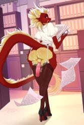 animal_genitalia animal_penis anthro asian_mythology ass balls blonde_hair bodily_fluids body_hair claws clothed clothing cum cum_on_butt cum_on_penis digital_drawing_(artwork) digital_media_(artwork) digitigrade dragon east_asian_mythology eastern_dragon equine_genitalia equine_penis erection fingers fluffy fluffy_ears fluffy_hair fluffy_tail footwear fur genital_fluids genitals hair hi_res high_heels holding_object horn legwear male mammal multicolored_body multicolored_fur multicolored_hair mythological_creature mythological_scalie mythology penis penis_between_thighs red_body red_fur red_hair sassyspicy scalie school school_uniform shirt shoes smile solo tail tail_tuft thigh_highs topwear tuft uniform vitamin_c_(forwardpickup) whiskers yellow_body yellow_fur
