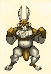 anthro black_nose bulge cheek_tuft chest_tuft chin_tuft chumbasket clothing detailed_bulge facial_tuft front_view full-length_portrait fur genital_outline gloves handwear hi_res lagomorph leporid looking_at_viewer male male_anthro mammal mask mouth_closed muscular muscular_anthro muscular_male navel overweight overweight_anthro overweight_male penis_outline portrait rabbit solo standing teeth tuft wearing_mask white_body white_fur yellow_eyes