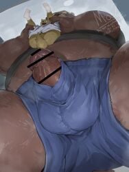 2025 absurd_res anthro balls_outline bear belly brown_body brown_fur bulge canid canine canis censored clothing detailed_bulge domestic_dog duo fur genital_outline genitals hi_res iwbsb_kuma kemono male male/male mammal micro overweight overweight_male penis scared size_difference underwear