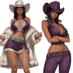 1girls akinoshi arabasta_saga big_breasts black_hair blue_eyes breasts busty cleavage cowboy_hat cowgirl curvy female fringe_trim medium_hair midriff miss_all_sunday nico_robin one_piece pre-timeskip sabaody_archipelago short_skirt small_waist tan-skinned_female tan_skin vest white_background
