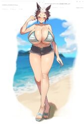beach big_breasts bikini blush breasts cleavage denim_shorts female female_only full_body grin horse_ears horse_girl huge_breasts looking_at_viewer mejiro_ryan_(umamusume) short_hair short_shorts shorts solo standing striped_bikini thick_thighs tomboy two_tone_hair umamusume umamusume_pretty_derby very_short_hair