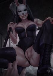 absurdres alternate_breast_size anus artist_name axe black_corset black_thighhighs blood blood_on_face blood_on_mask breasts camille_waifu cleavage collarbone corset covered_eyes dead_by_daylight evil_smile facing_viewer female fingernails highres holding holding_axe holding_weapon lace_trim large_breasts lips mask medium_breasts nail_polish pussy pussy_juice rabbit_mask realistic red_nails shoes signature sitting smile the_huntress_(dead_by_daylight) thick_thighs thighhighs thighs twitter_username veil watermark weapon