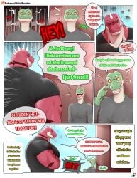 absurd_res against_surface against_wall anthro arm_support black_bottomwear black_clothing black_sclera black_shirt black_shorts black_topwear blank_expression bottomwear buggy_(mels_monster) buzz_(mels_monster) claws clothing comic confusion conjoined_speech_bubble cross-popping_vein dialogue dinosaur dromaeosaurid duo english_text eye_contact eyewear finger_claws glasses green_body green_scales green_text grey_clothing grey_shirt grey_topwear head_spikes hi_res larger_anthro larger_male lizard long_sleeves looking_at_another male male_only mels_monster_(artist) multicolored_body multicolored_scales open_mouth outside patreon patreon_logo patreon_username pointy_speech_bubble prehistoric_species red_body red_scales red_text reptile round_glasses scales scalie shirt short_sleeves shorts size_difference smaller_anthro smaller_male spaced_out speech_bubble spikes spikes_(anatomy) standing striped_body striped_scales stripes tan_body tan_scales text theropod topwear track two_tone_body two_tone_scales tyrannosaurid tyrannosauroid tyrannosaurus tyrannosaurus_rex wide_eyed yellow_eyes