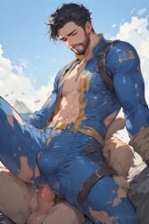 ai_generated anal anal_sex balls bestiality bulge canine fallout fallout_4 gay handsome male penis sole_survivor_(male) vault_suit worn_clothing zoophilia