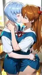 ai_generated asuka_langley_sohryu blue_hair blue_skirt brown_hair kinkyfuel kissing long_hair neon_genesis_evangelion red_bow rei_ayanami school_uniform short_hair thigh_grab two_girls white_shirt yuri