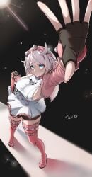 1girls absurdres arm_up big_breasts black_background black_gloves black_shorts blue_eyes boots breasts commentary dress elphelt_valentine female fingerless_gloves foreshortening gloves guilty_gear guilty_gear_strive highres jacket large_breasts long_sleeves microdress pink_boots pink_jacket pink_thighhighs short_dress short_hair short_shorts shorts shorts_under_dress sideboob sideless_dress sleeveless sleeveless_dress solo solo_female standing thighhighs thighs ticker_(kks2ksy) white_dress white_hair