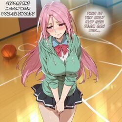 absurd_res absurdres ai_generated blush color commentary darklust dialogue english english_commentary english_dialogue english_text female hi_res high_resolution highres human kuroko's_basketball kuroko_no_basuke large_breasts momoi_satsuki motion_blur motion_lines novelai pink_eyes pink_hair school_uniform self_upload speech_bubble speed_lines sweat tagme text uncensored