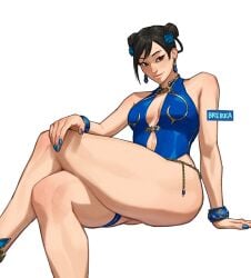 1girls artist_name black_hair blue_fingernails breikka capcom chun-li earrings flower_in_hair hair_buns legs_crossed light-skinned_female light_skin one-piece_swimsuit painted_nails street_fighter swimsuit thick_thighs