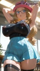 1girls :o ai_generated alternate_breast_size armpits arms_behind_head arms_up black-framed_eyewear black_shirt black_thighhighs blonde_hair blue_eyes blue_skirt blurry blurry_background blush bow breasts brown_hair brown_thighhighs classroom collared_shirt covered_nipples cowboy_shot curvy desk dripping from_below glasses hat high-waist_skirt huge_breasts indoors large_breasts long_hair looking_at_viewer low-tied_long_hair meitabuu miniskirt nipples open_mouth parted_lips pink_headwear pleated_skirt pokemon round_eyewear see-through serena_(pokemon) shiny_clothes shirt skindentation skirt sleeveless sleeveless_shirt solo standing steaming_body sweat sweaty_clothesserena_(pokemon) thick_thighs thighhighs thighs upper_teeth_only wet wet_clothes zettai_ryouiki
